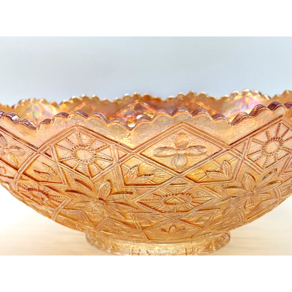 Marigold Carnival Glass Bowl Hattie Luster Glass with Scalloped Edges - Picture 2 of 10